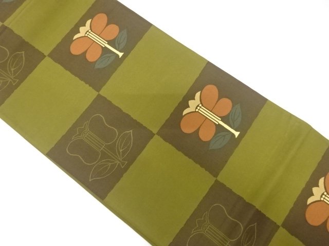 アンティーク　市松に遠州椿模様織り出し袋帯（材料）